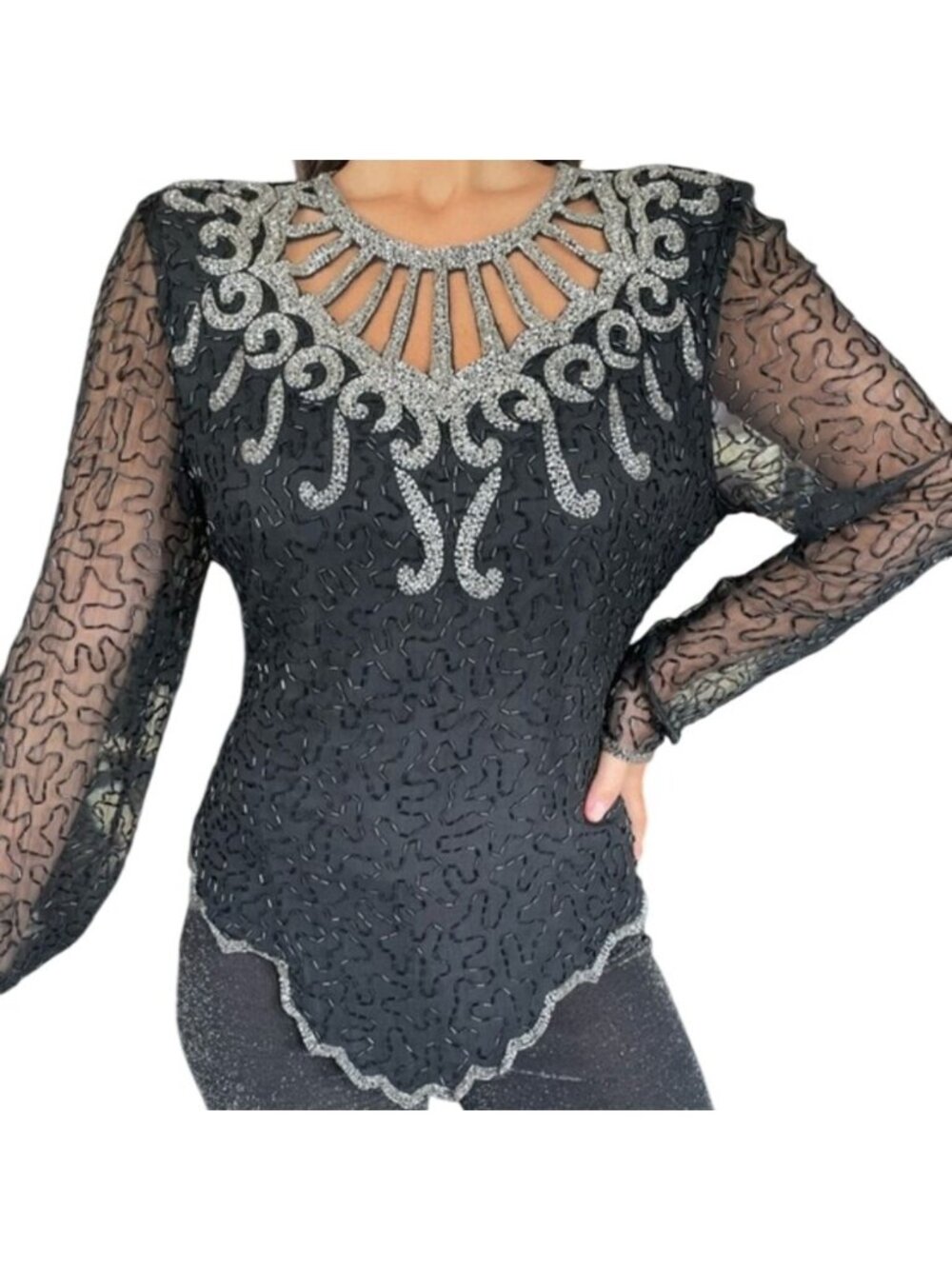 Vintage 90s Laurence Kazar Black Silver Beaded Silk Party Blouse Womens Size M